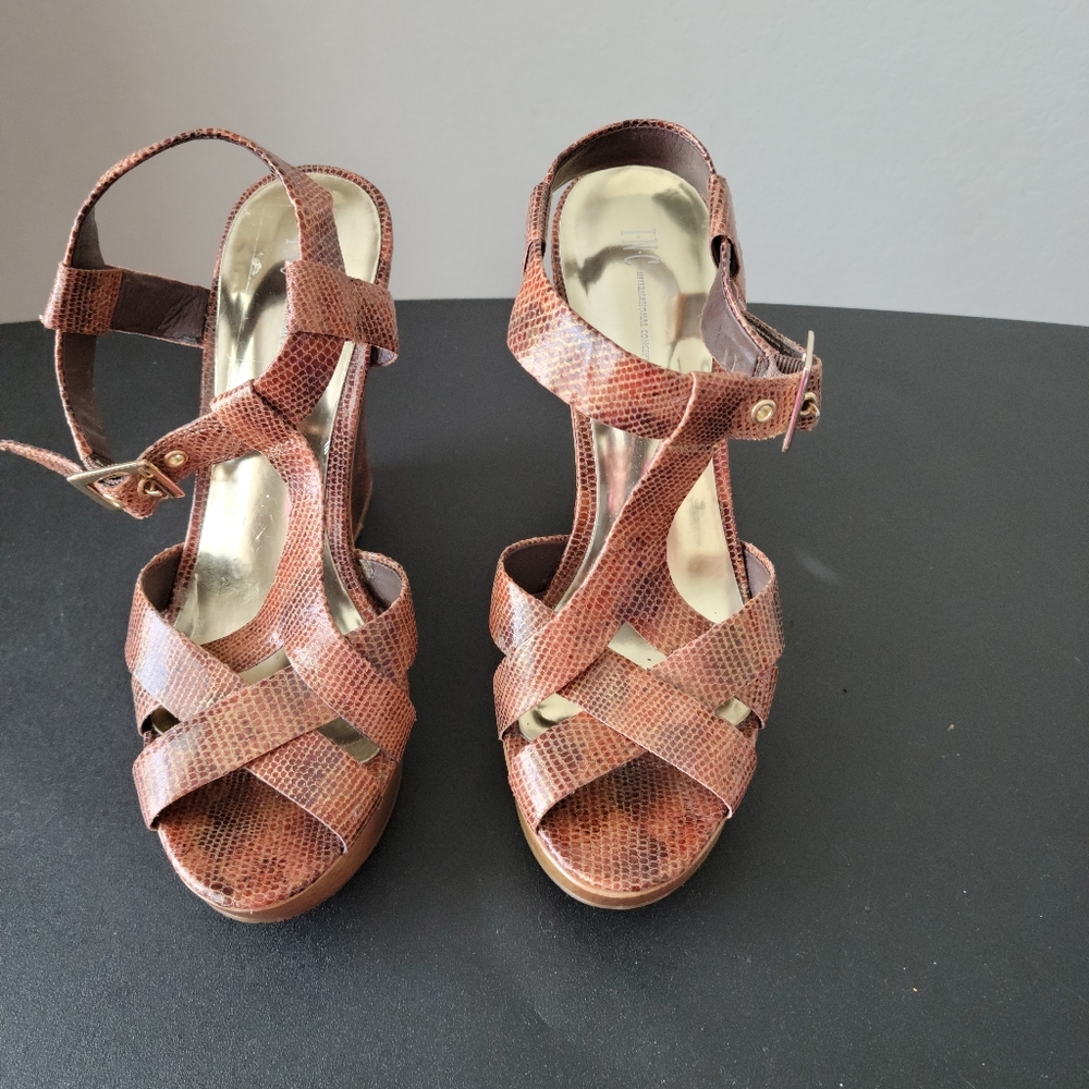 INC brown 5" wedge sandals, Size 9.5